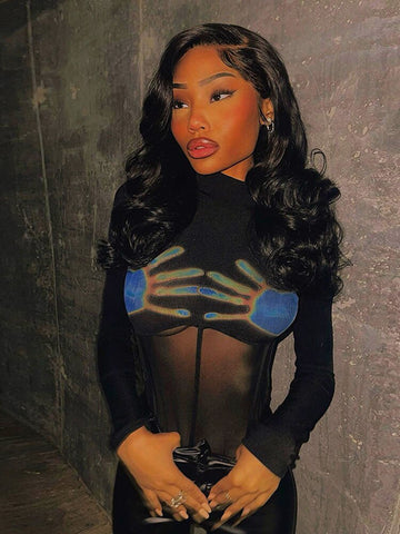 Yipinpay Pattern Print Bodysuit Women Tops High Neck Long Sleeve Slim Body Suits Femme Mesh Patchwork Casual One Piece Overalls